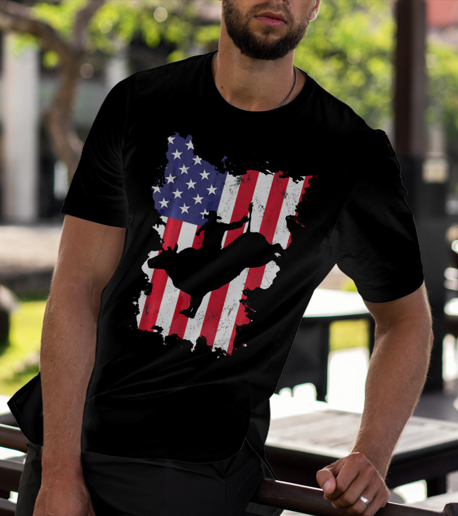Bull Riding Cowboy Silhouette USA Flag T-Shirt