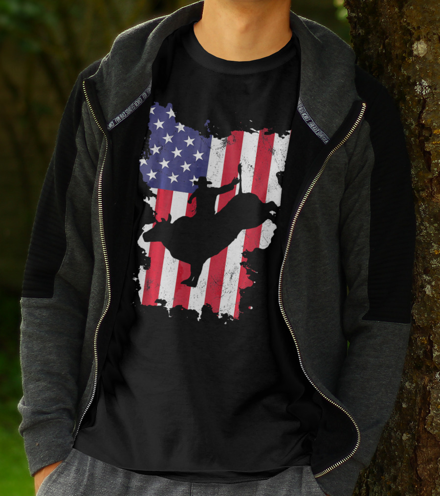 Bull Riding Cowboy Silhouette USA Flag T-Shirt