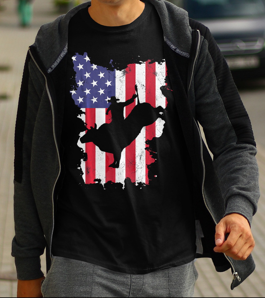 Bull Riding Cowboy Silhouette USA Flag T-Shirt
