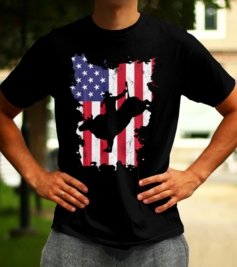 Bull Riding Cowboy Silhouette USA Flag T-Shirt