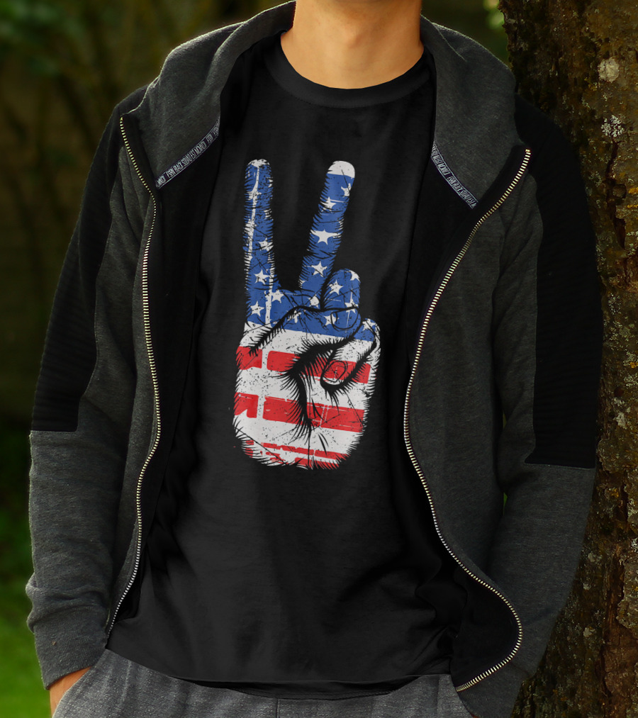 American Flag Peace Sign Hand Gesture T-Shirt