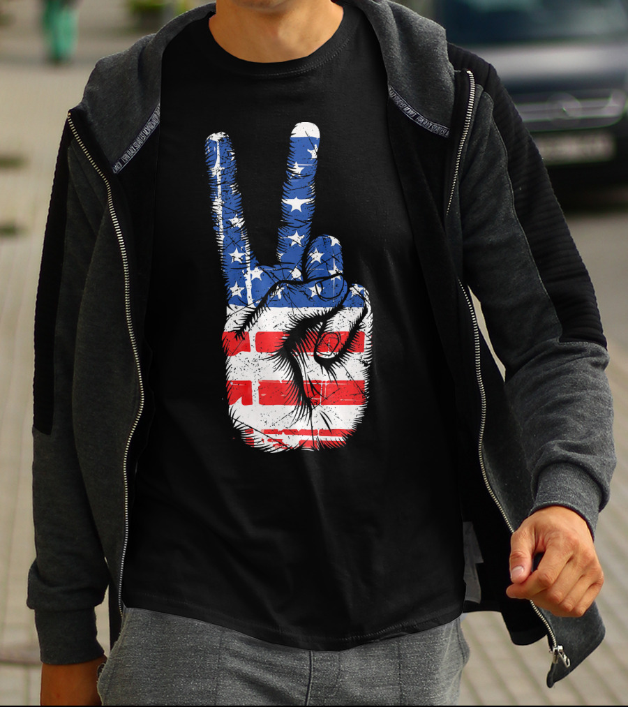 American Flag Peace Sign Hand Gesture T-Shirt