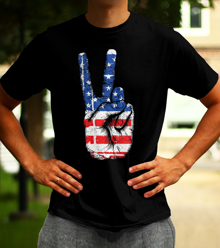 American Flag Peace Sign Hand Gesture T-Shirt
