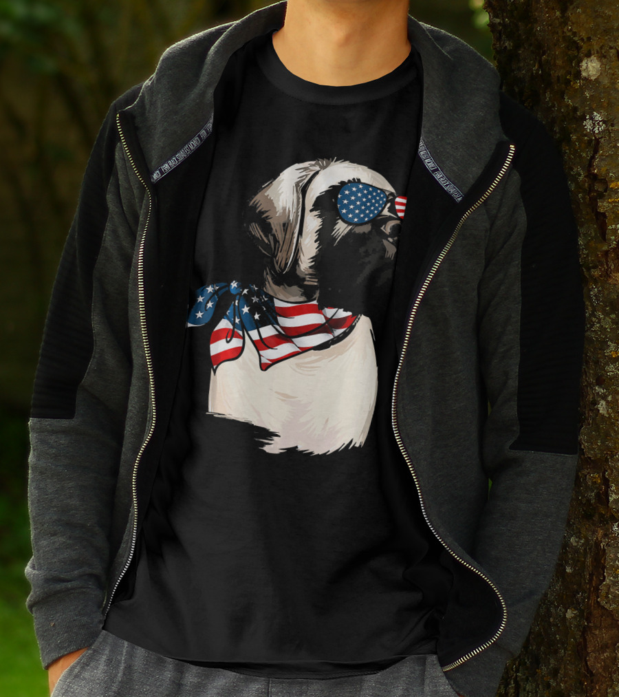 American Flag English Mastiff With Patriotic Stars And Stripes Sunglasses And Scarf T-Shirt