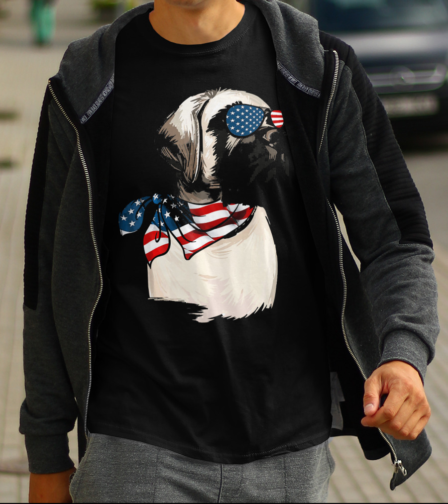 American Flag English Mastiff With Patriotic Stars And Stripes Sunglasses And Scarf T-Shirt
