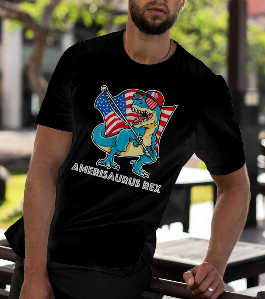 Amerisaurus Rex Patriotic Dinosaur With American Flag And Sunglasses T-Shirt