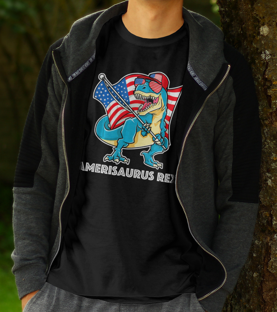 Amerisaurus Rex Patriotic Dinosaur With American Flag And Sunglasses T-Shirt