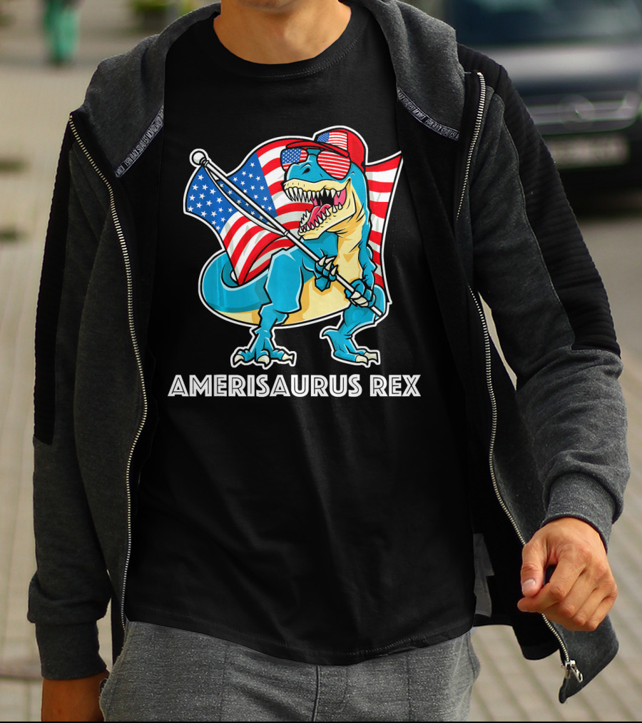 Amerisaurus Rex Patriotic Dinosaur With American Flag And Sunglasses T-Shirt