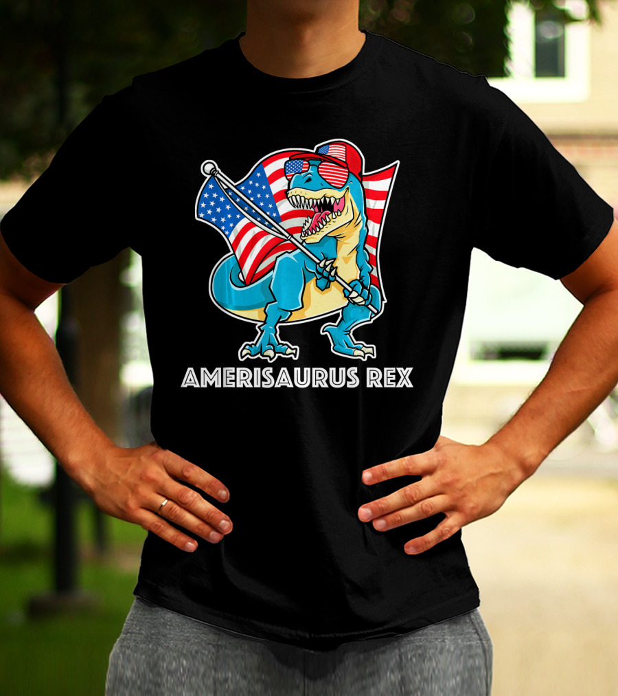 Amerisaurus Rex Patriotic Dinosaur With American Flag And Sunglasses T-Shirt