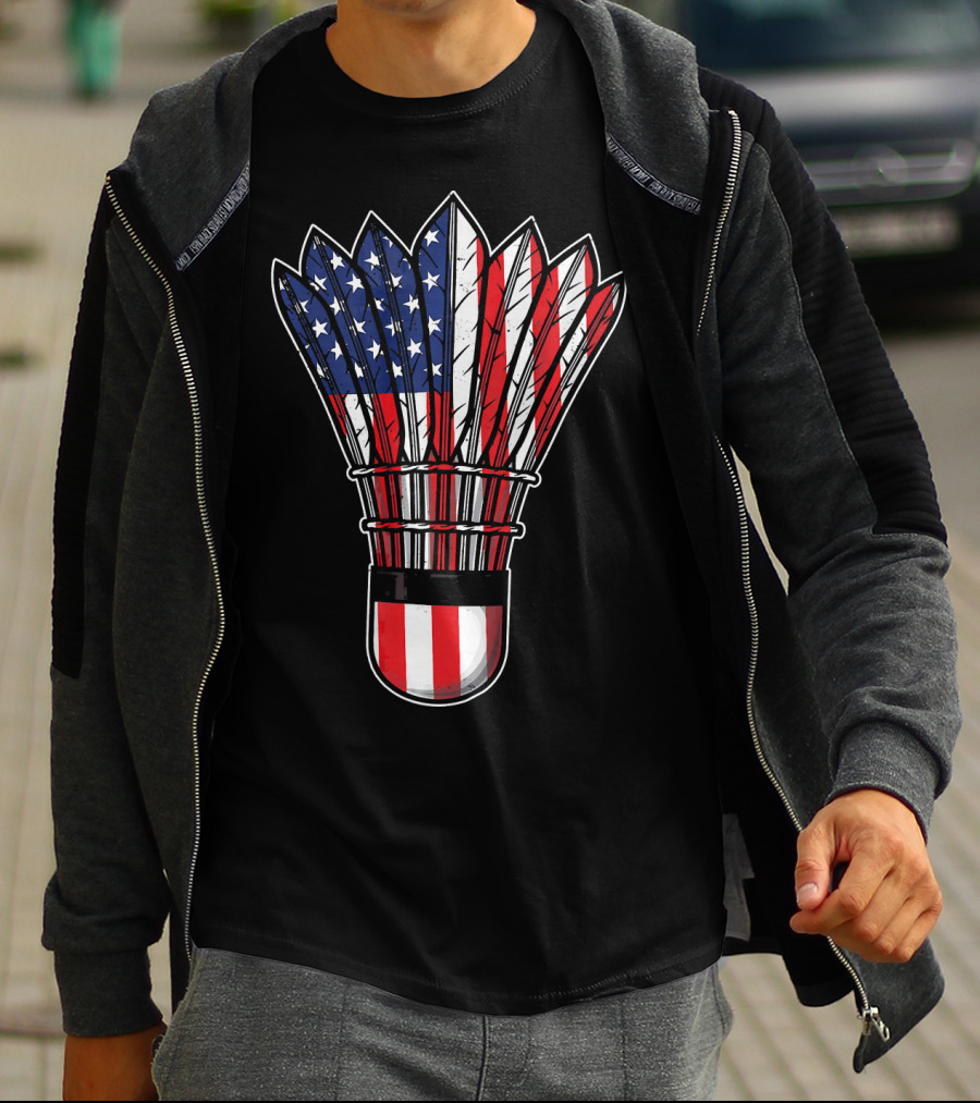 Funny Badminton Shuttlecock American Flag Patriot Player Love T-Shirt