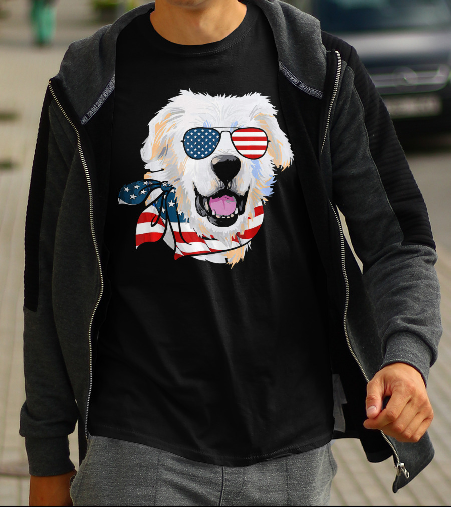 American Flag Great Pyrenees Dog With Patriotic Sunglasses And Bandana T-Shirt