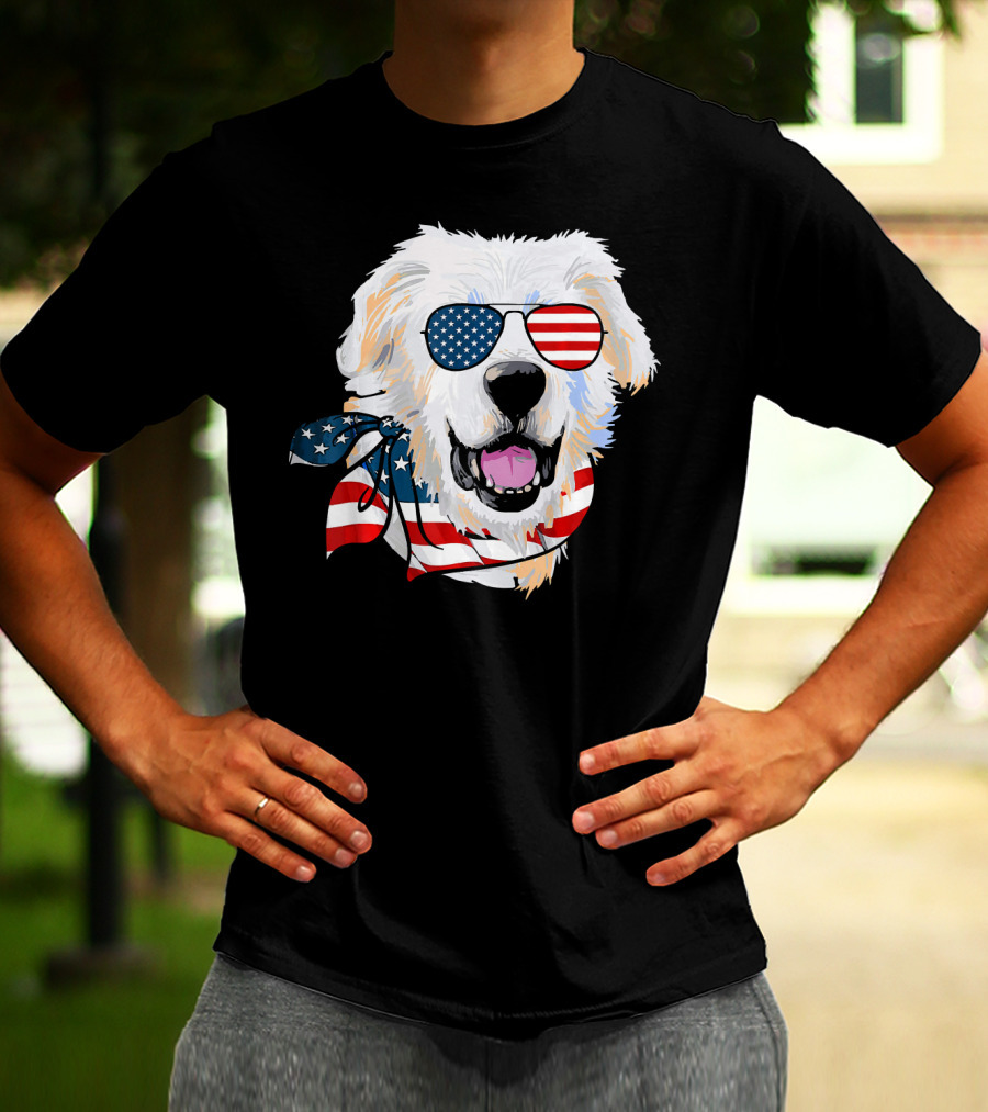 American Flag Great Pyrenees Dog With Patriotic Sunglasses And Bandana T-Shirt