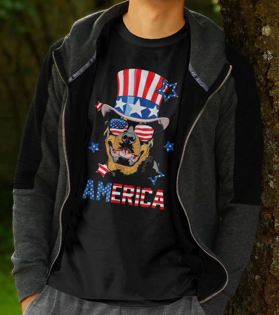 America Rottweiler Wearing Patriotic Top Hat And Sunglasses T-Shirt