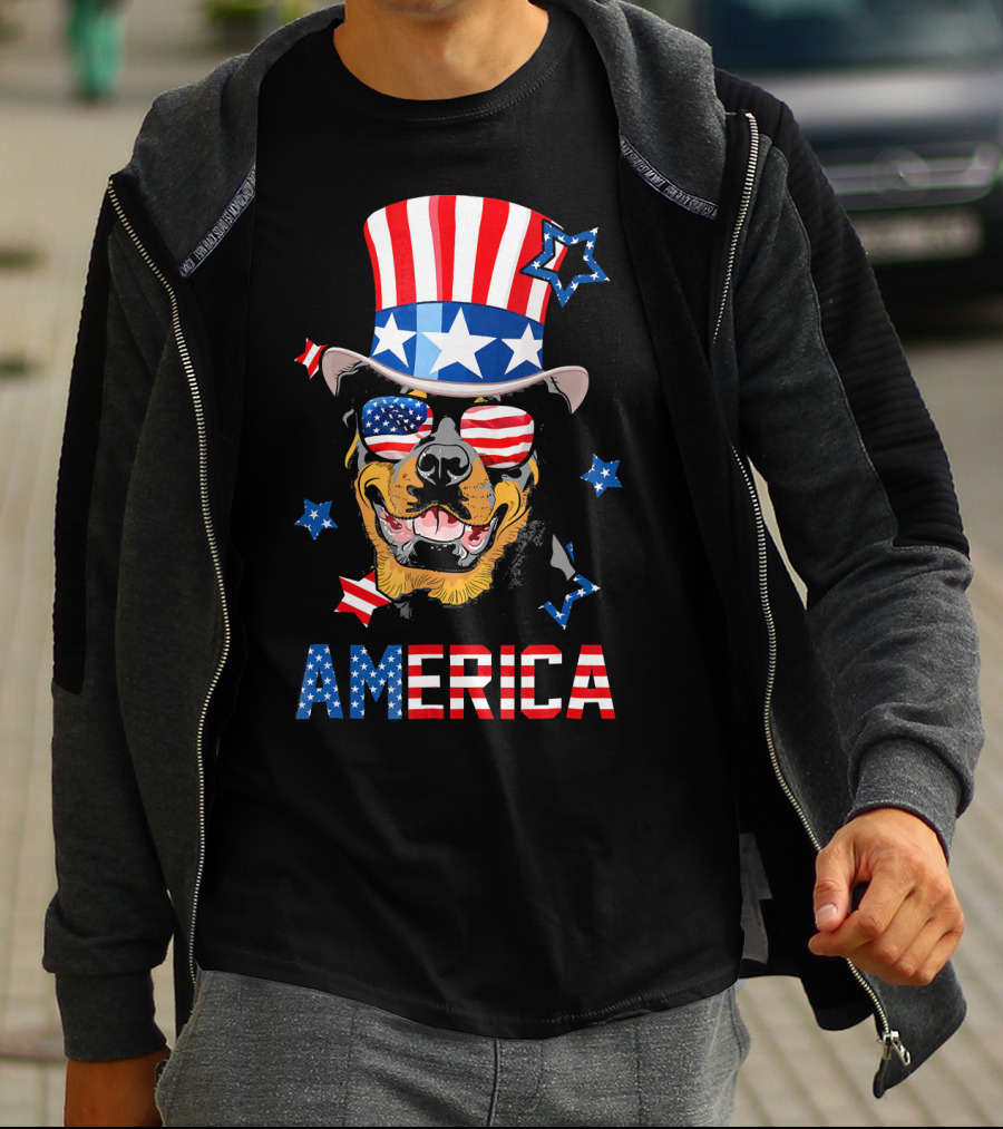America Rottweiler Wearing Patriotic Top Hat And Sunglasses T-Shirt