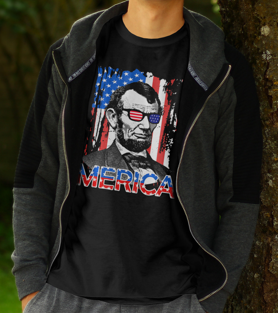 Merica American Flag Abe Lincoln With Sunglasses T-Shirt