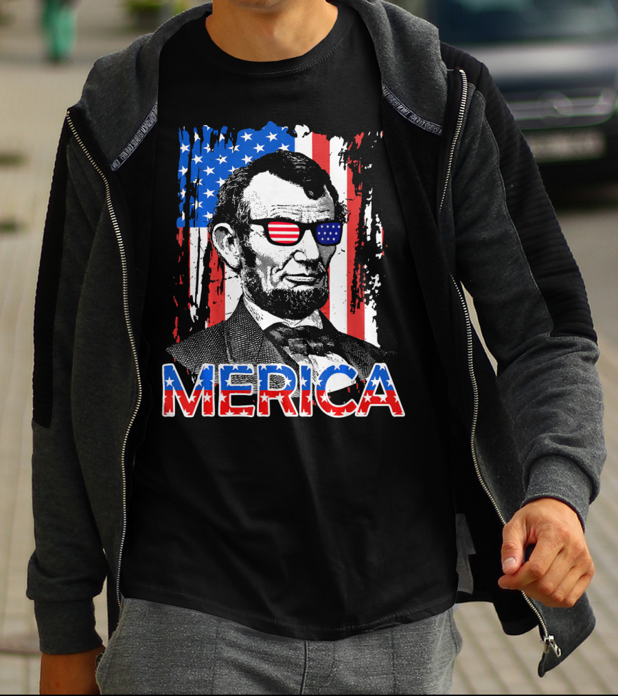 Merica American Flag Abe Lincoln With Sunglasses T-Shirt