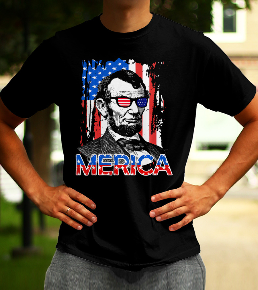Merica American Flag Abe Lincoln With Sunglasses T-Shirt