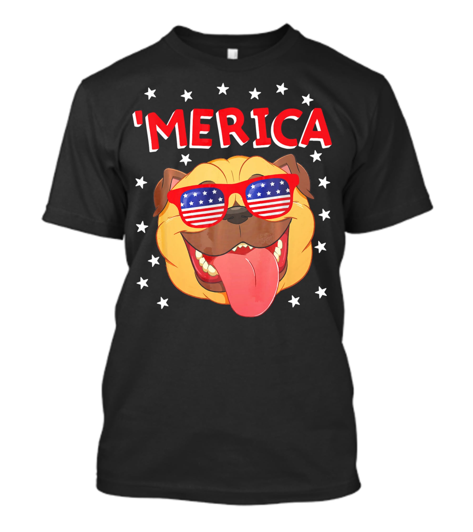 'Merica Pug Wearing American Flag Sunglasses With Stars T-Shirt