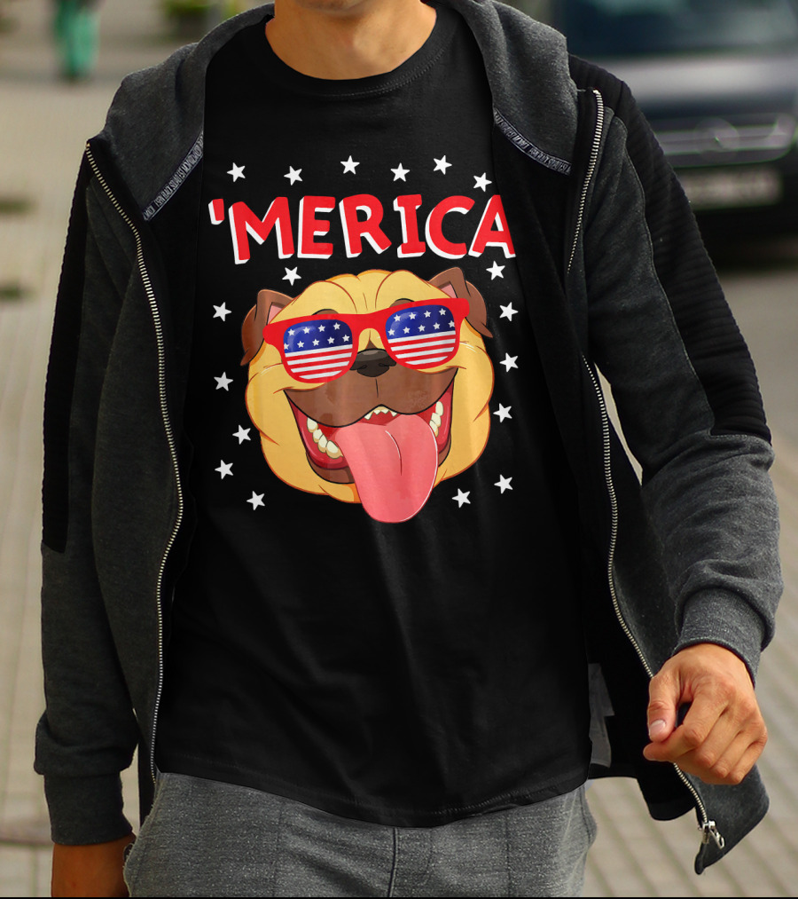 'Merica Pug Wearing American Flag Sunglasses With Stars T-Shirt