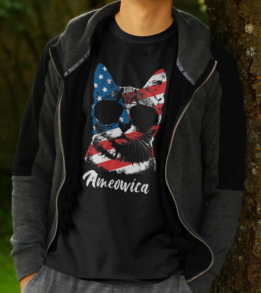 Ameowica Funny Cat Lover Patriotic Stars And Stripes Sunglasses T-Shirt