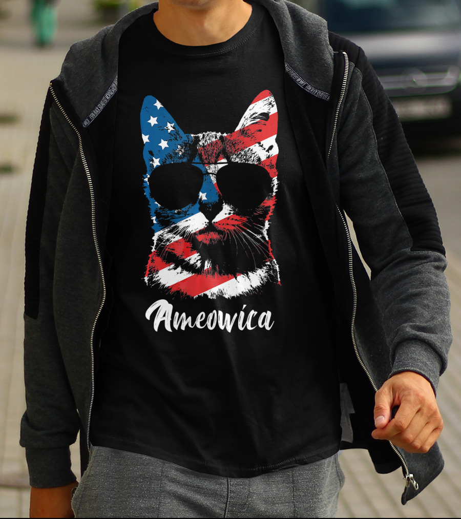Ameowica Funny Cat Lover Patriotic Stars And Stripes Sunglasses T-Shirt