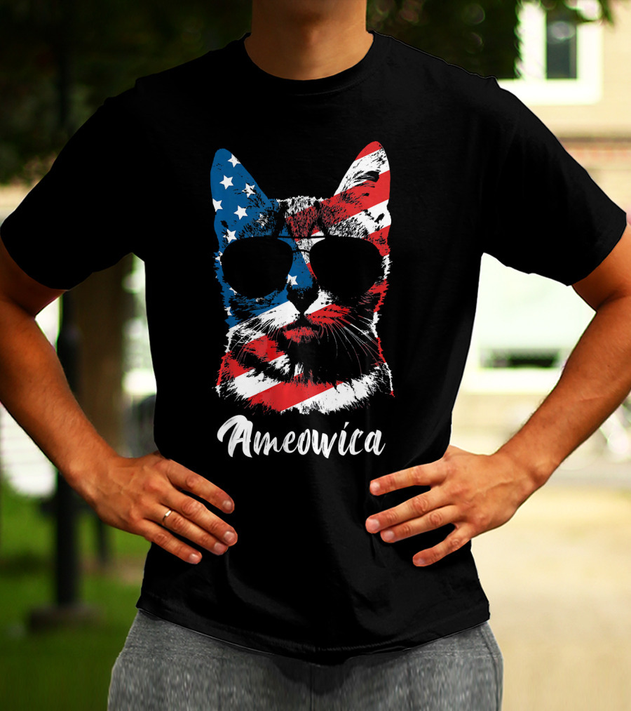 Ameowica Funny Cat Lover Patriotic Stars And Stripes Sunglasses T-Shirt