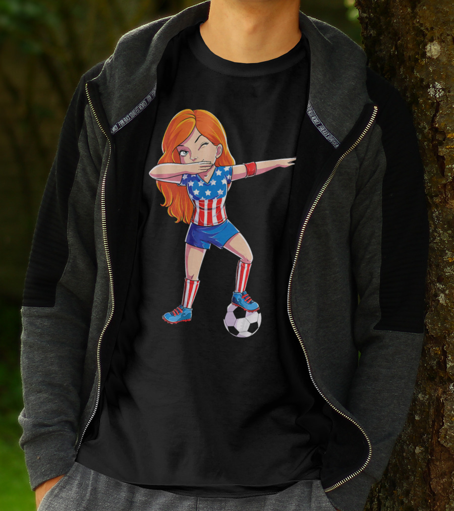 Dabbing Soccer Girl USA Flag Stars And Stripes Jersey T-Shirt