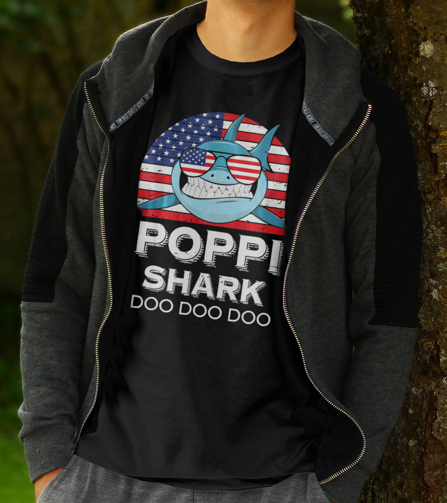 Poppi Shark Doo Doo Doo American Flag Sunglasses T-Shirt