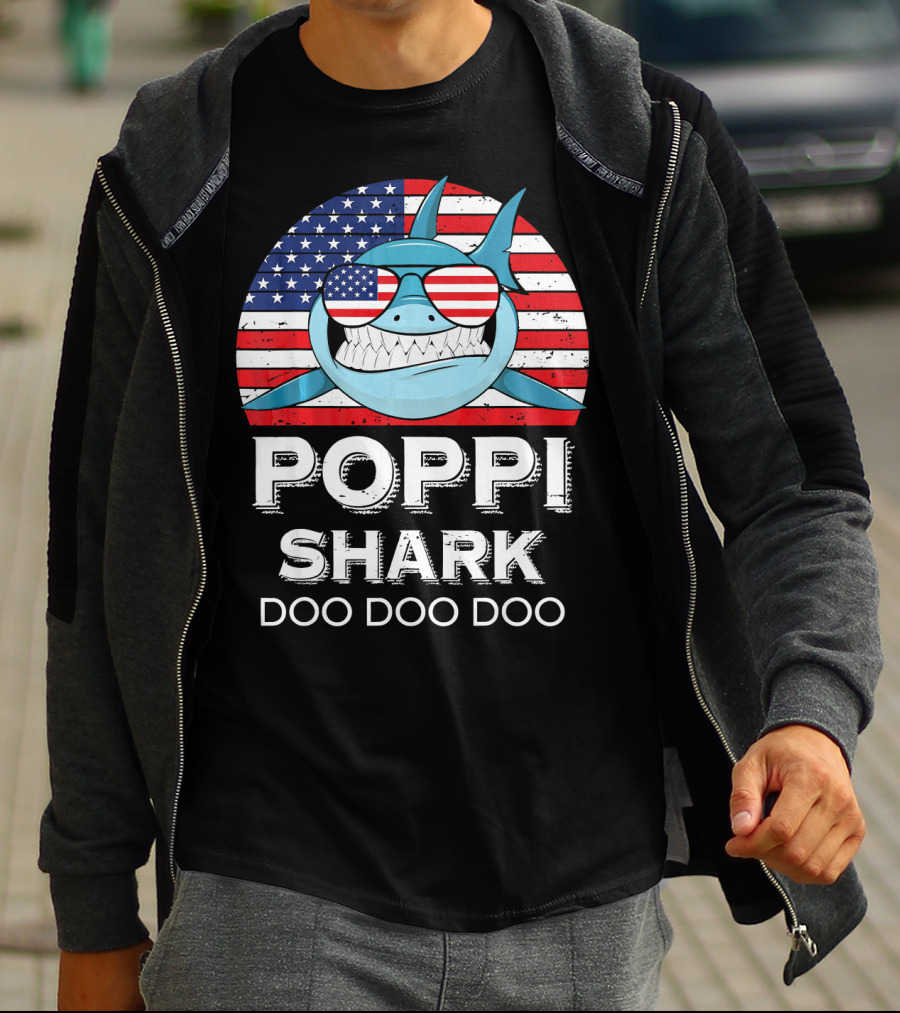 Poppi Shark Doo Doo Doo American Flag Sunglasses T-Shirt