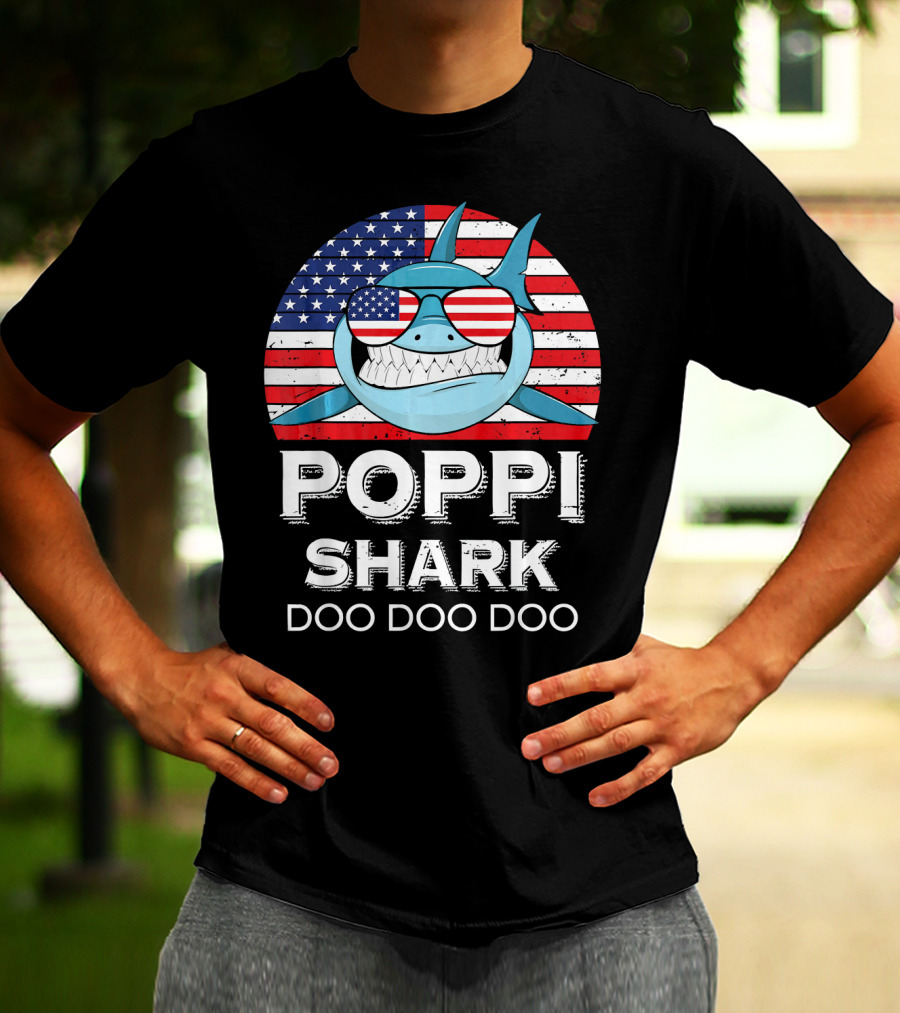 Poppi Shark Doo Doo Doo American Flag Sunglasses T-Shirt
