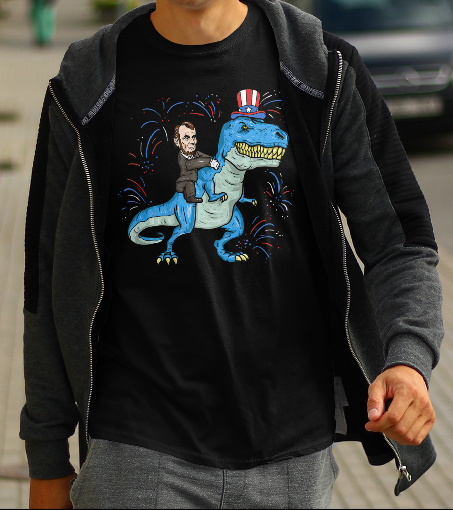 Abe Lincoln Patriotic Dinosaur Riding Fireworks Hat T-Shirt