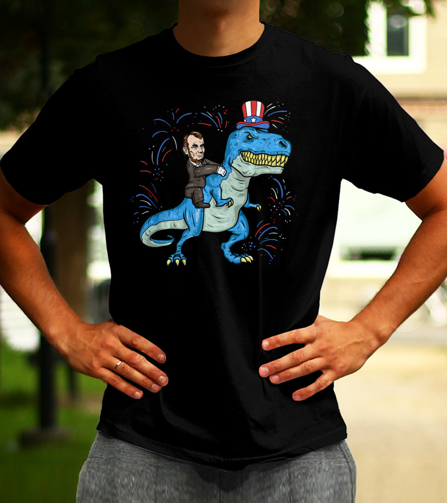 Abe Lincoln Patriotic Dinosaur Riding Fireworks Hat T-Shirt