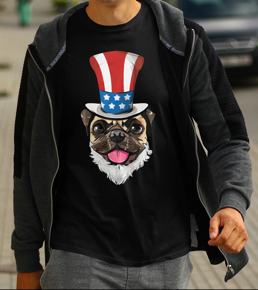 Pug Dog Wearing Uncle Sam Hat And Lincoln Beard T-Shirt