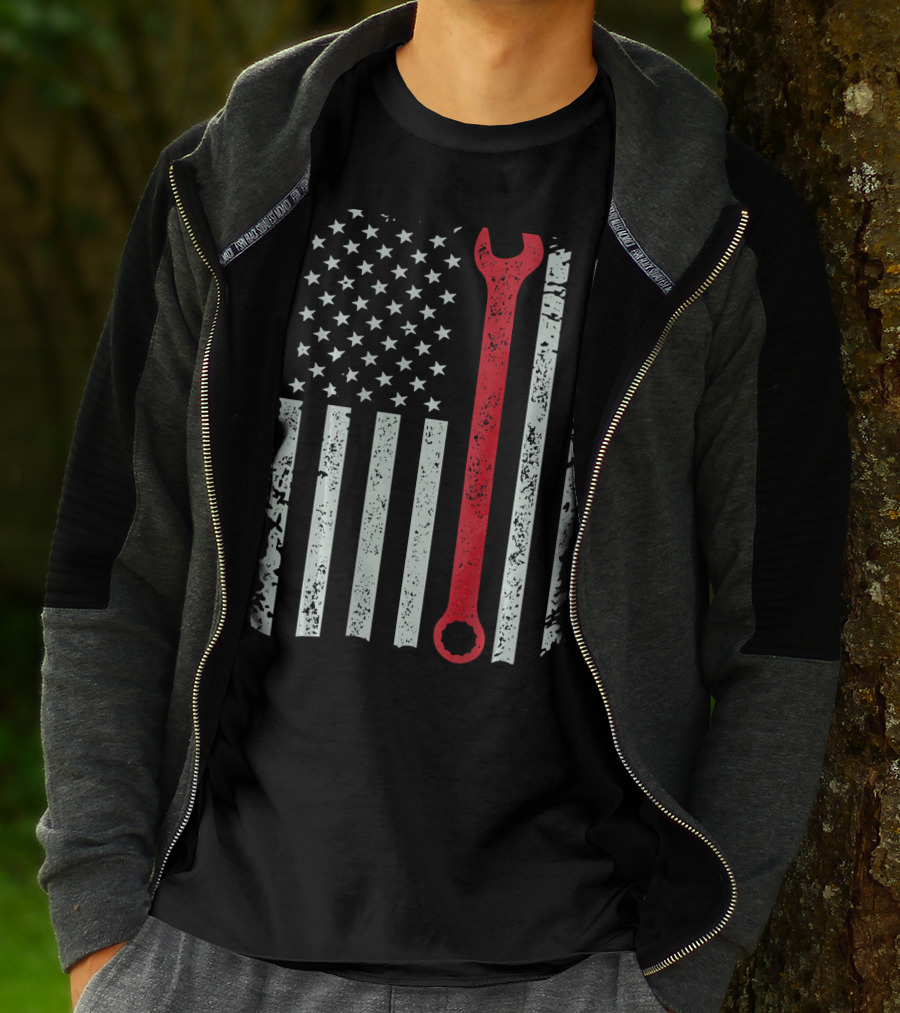 American Flag With Red Mechanic Wrench T-Shirt