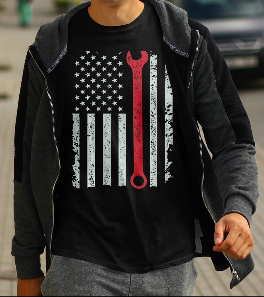 American Flag With Red Mechanic Wrench T-Shirt
