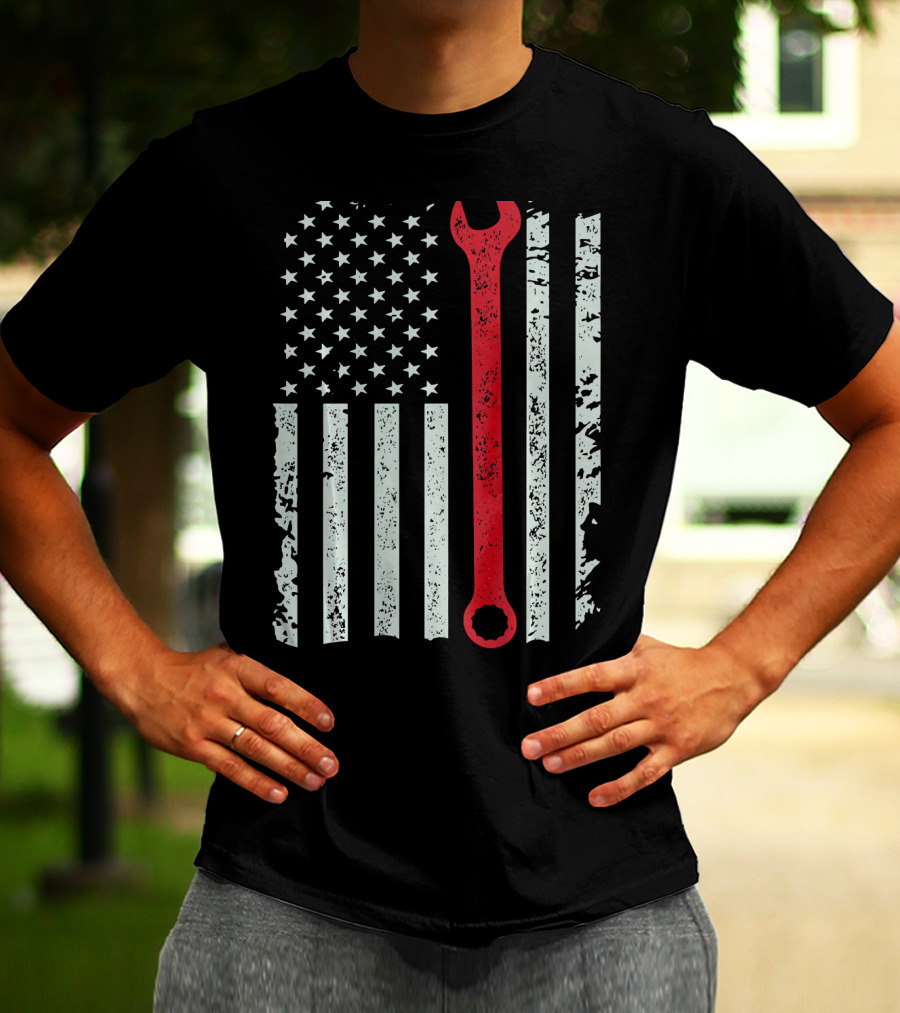 American Flag With Red Mechanic Wrench T-Shirt