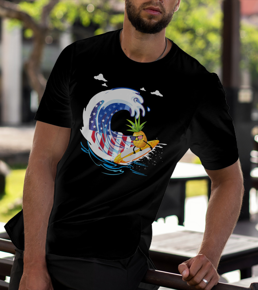 Pineapple Surfing American Flag Wave Hawaiian T-Shirt