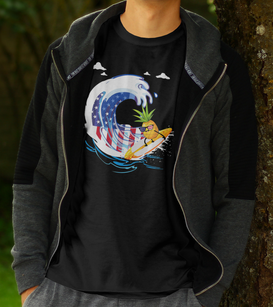 Pineapple Surfing American Flag Wave Hawaiian T-Shirt