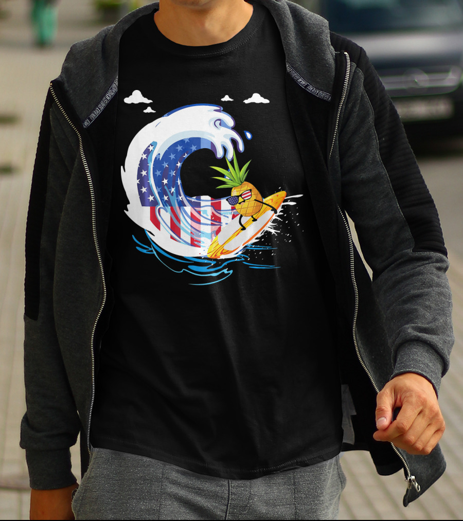 Pineapple Surfing American Flag Wave Hawaiian T-Shirt