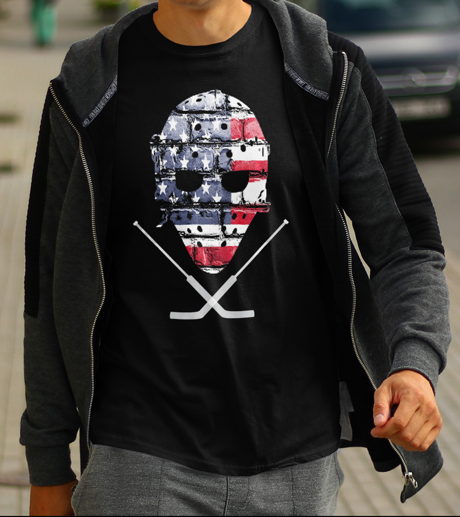 United States Hockey Goalie Mask With Flag And Sticks T-Shirt