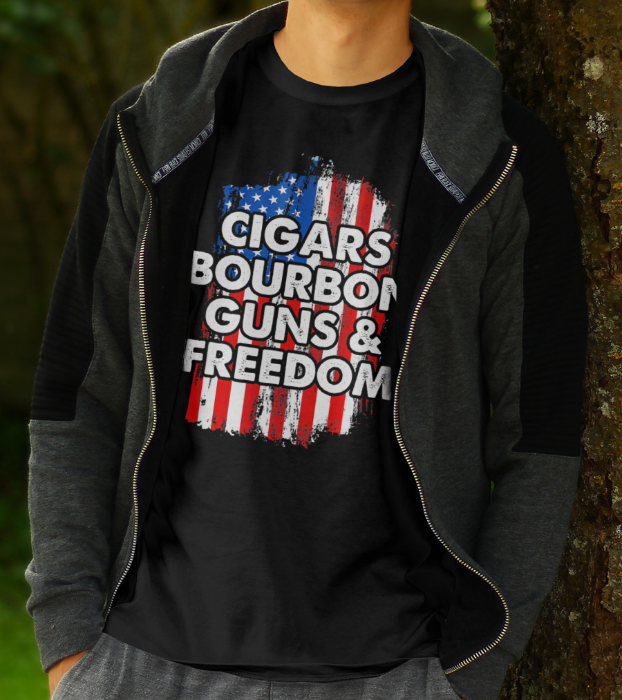 Cigars Bourbon Guns And Freedom American Flag Patriotic T-Shirt