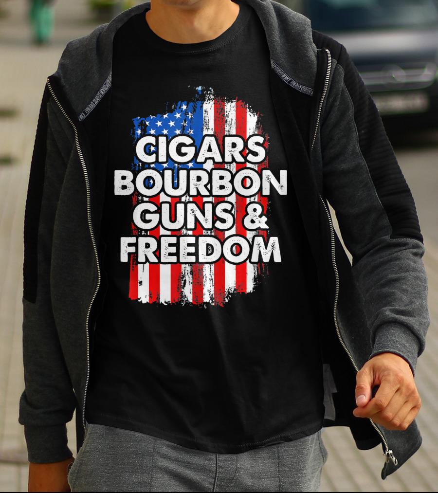 Cigars Bourbon Guns And Freedom American Flag Patriotic T-Shirt