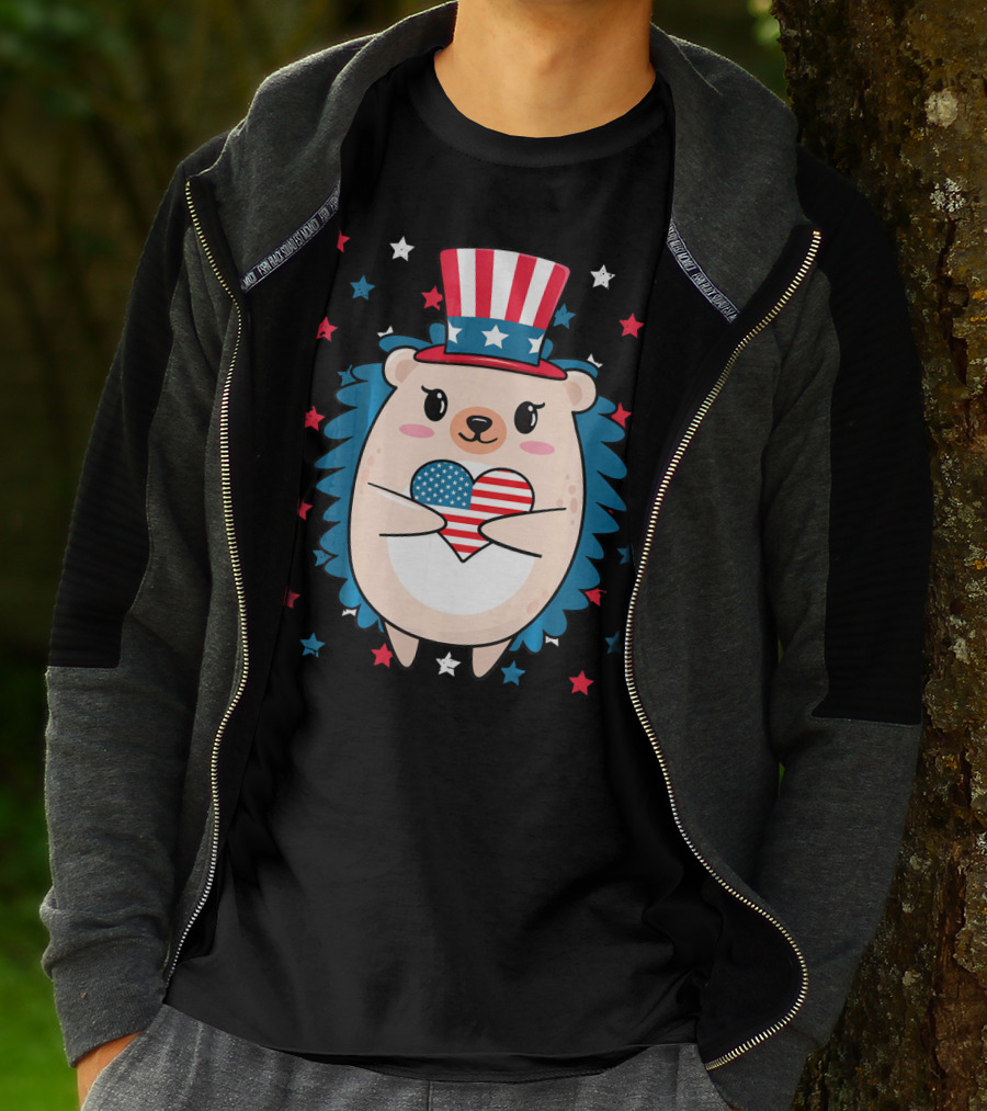 Hedgehog Patriotic Stars Uncle Sam Hat Holding USA Flag Heart T-Shirt