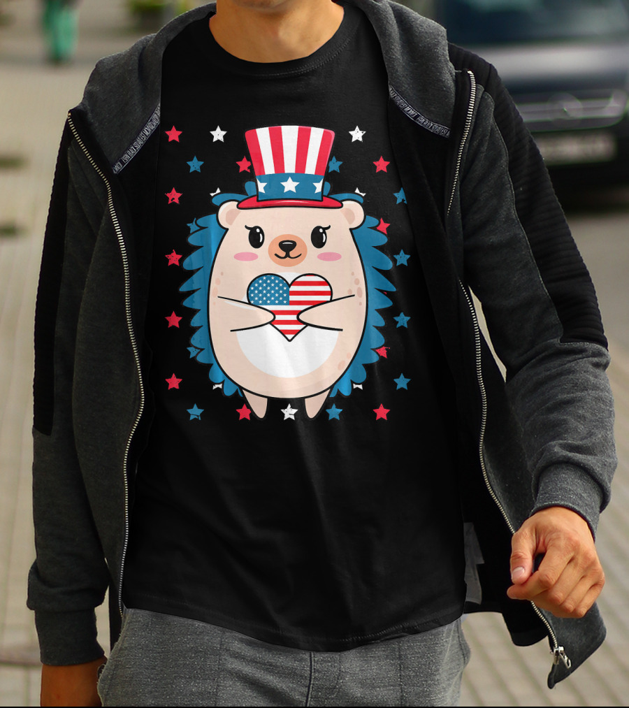Hedgehog Patriotic Stars Uncle Sam Hat Holding USA Flag Heart T-Shirt