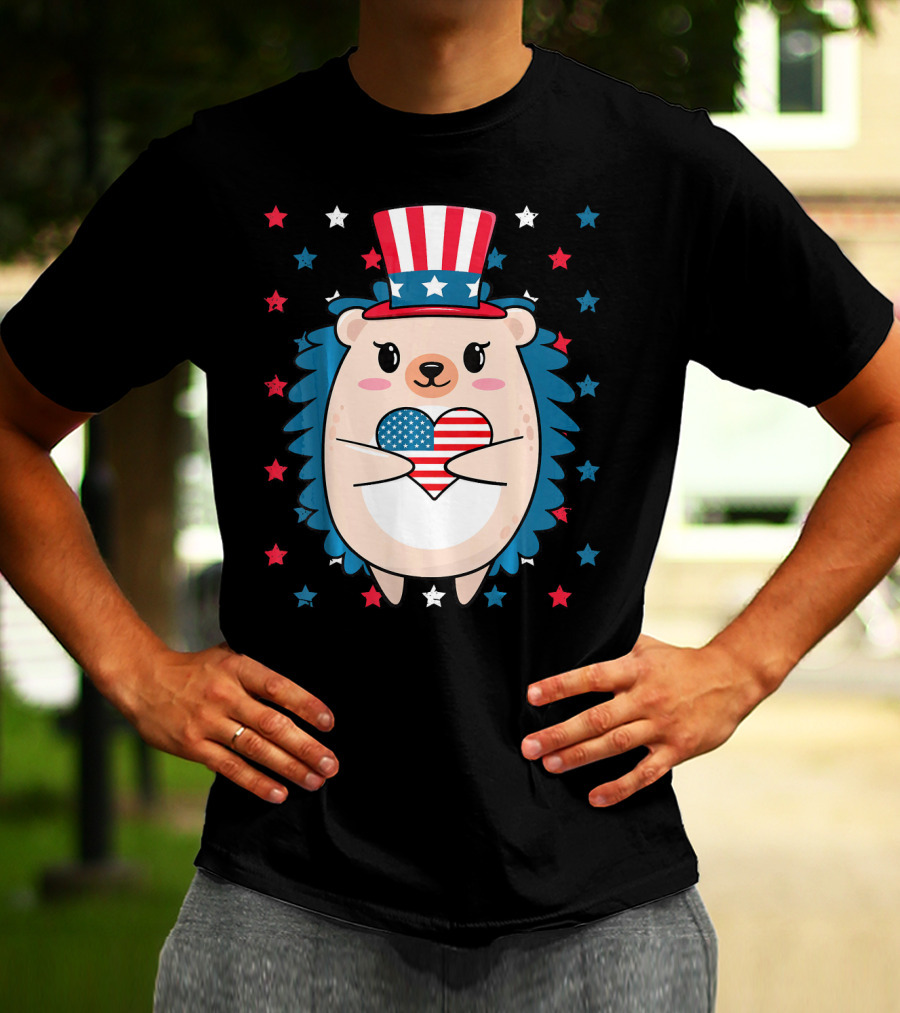 Hedgehog Patriotic Stars Uncle Sam Hat Holding USA Flag Heart T-Shirt