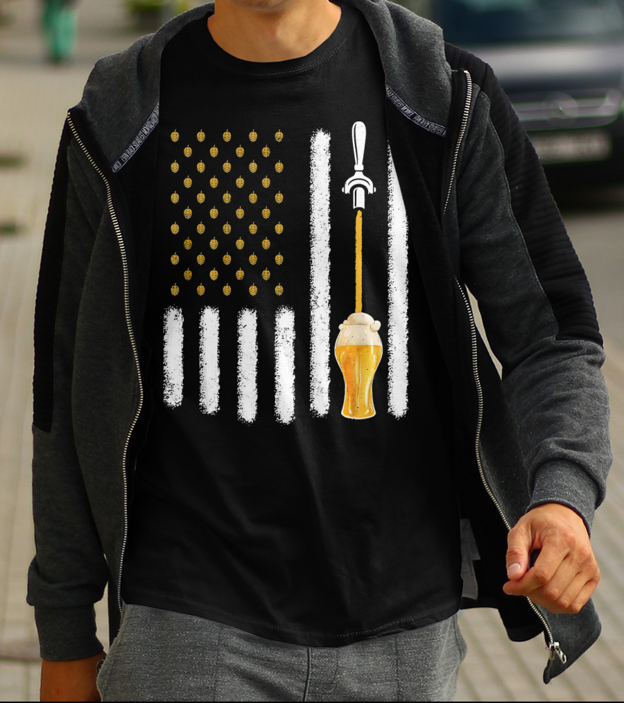 USA Flag Hops Pattern Craft Beer Tap Pouring T-Shirt