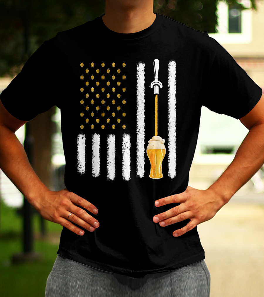 USA Flag Hops Pattern Craft Beer Tap Pouring T-Shirt