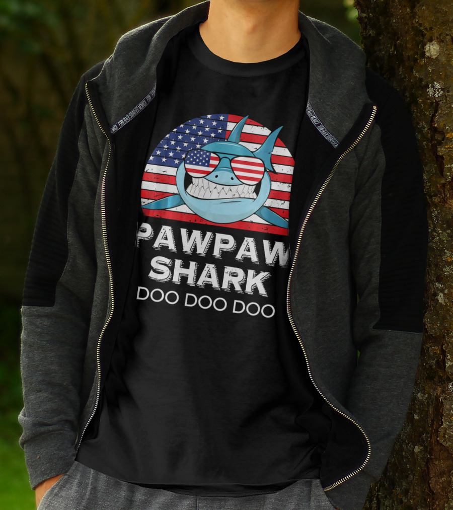 Pawpaw Shark Doo Doo Doo American Flag Sunglasses T-Shirt