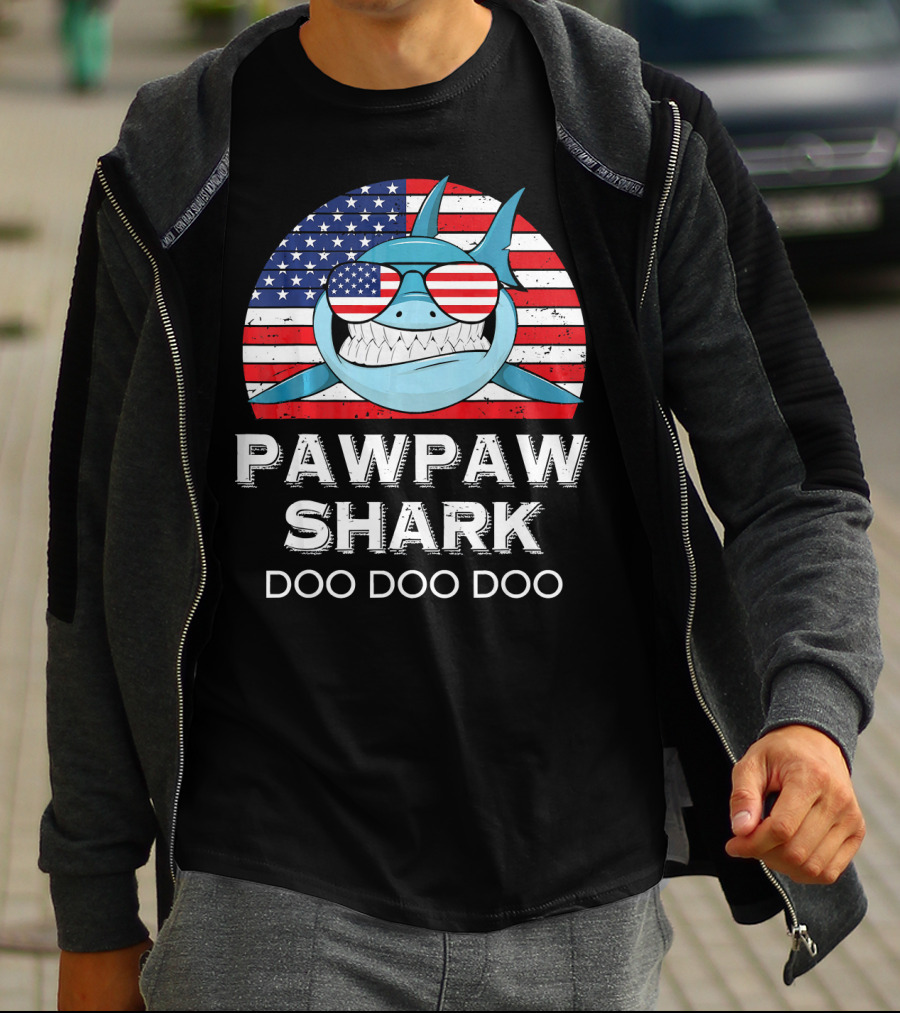 Pawpaw Shark Doo Doo Doo American Flag Sunglasses T-Shirt