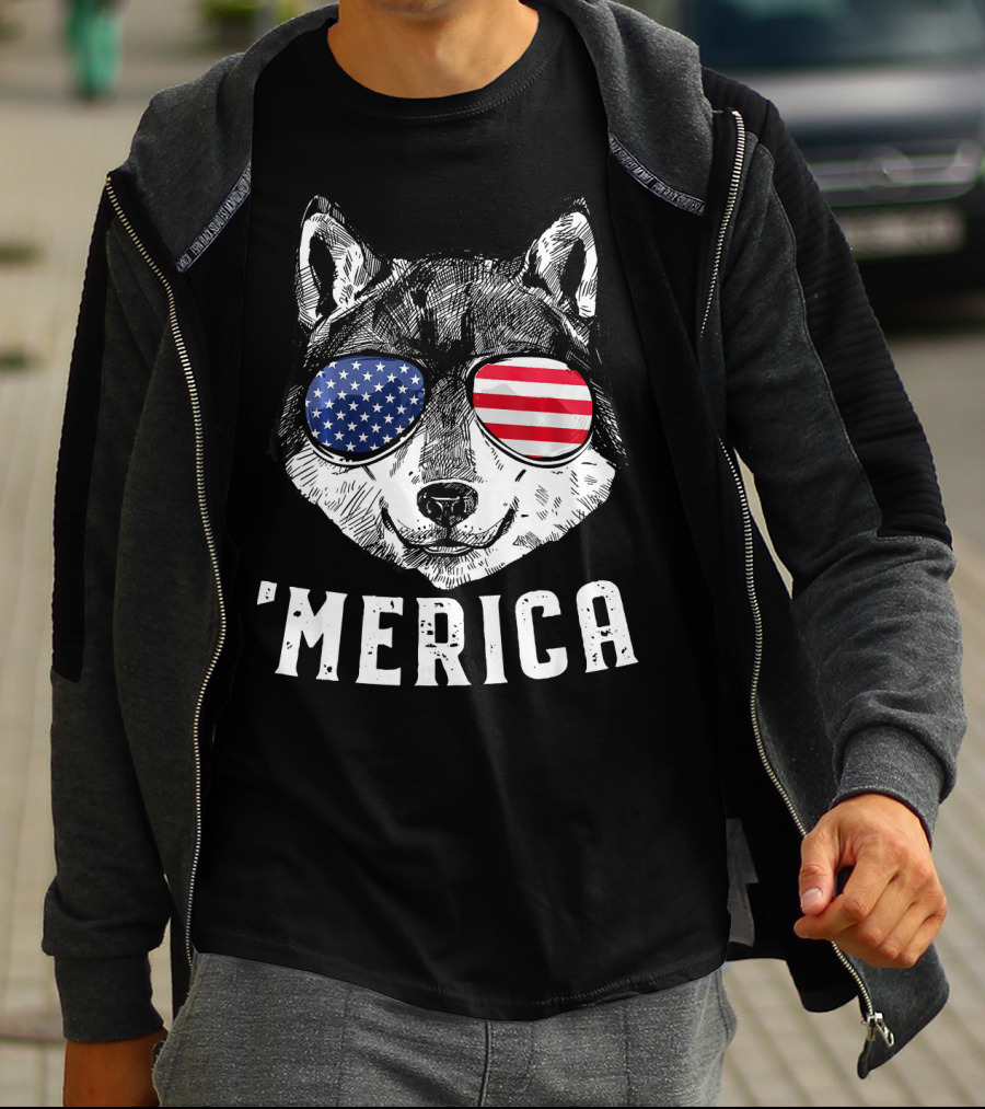 Patriotic Wolf American Flag Sunglasses 'Merica T-Shirt
